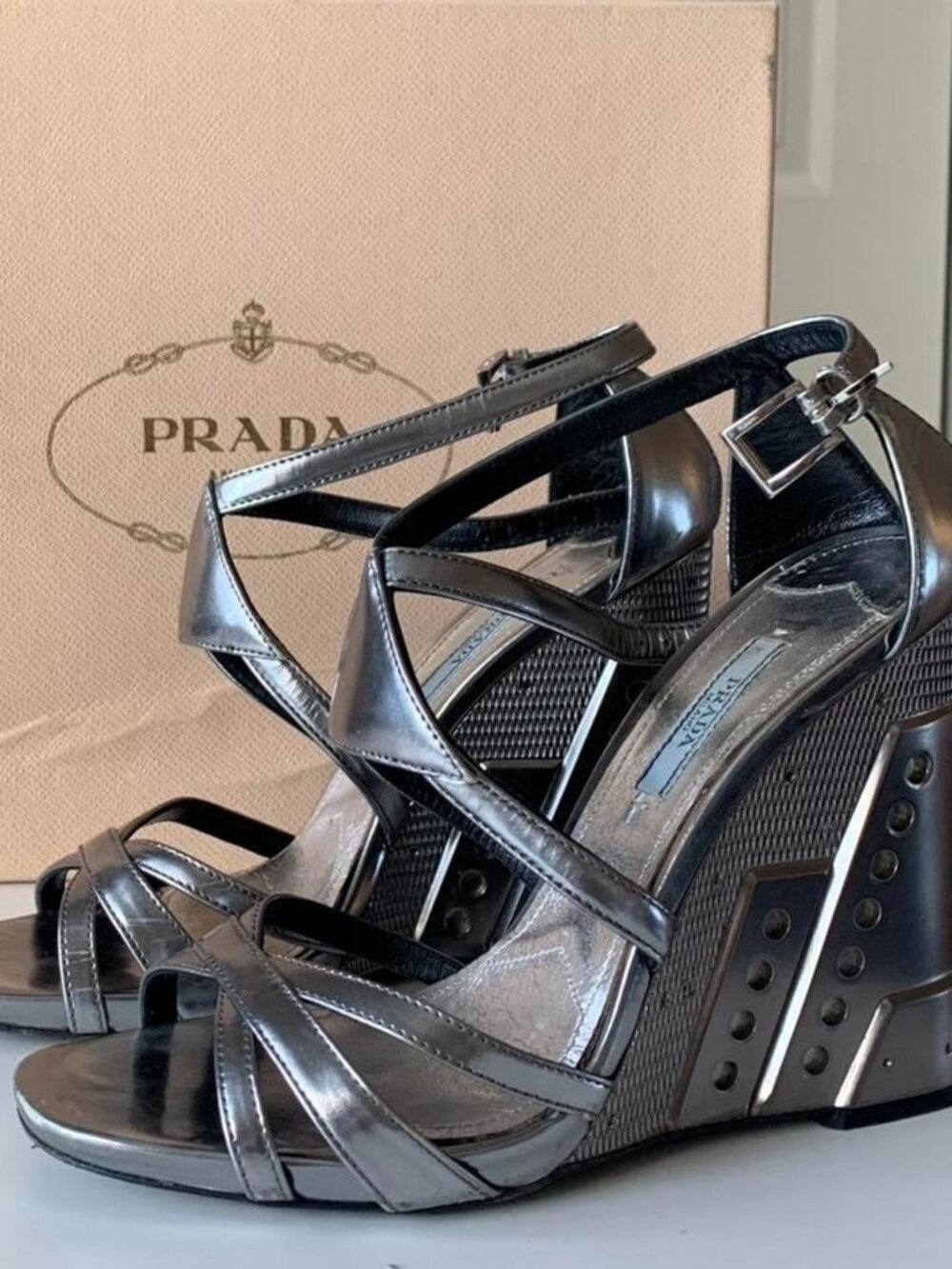 Prada Metallic Silver Platform Wedges